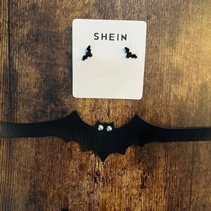 BUNDLE: (1) pleather black bat choker + (1) pair black bat stud earrings